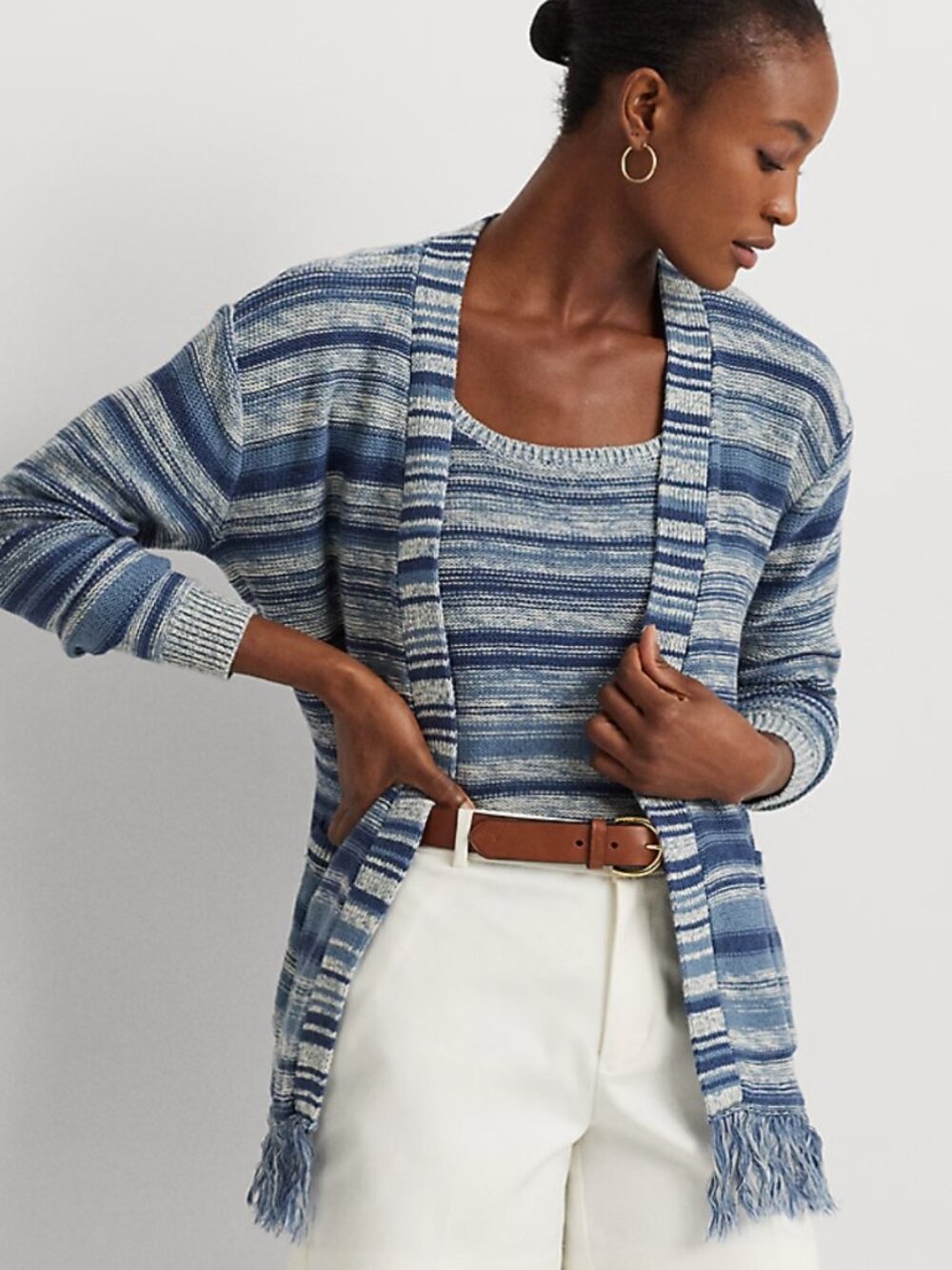 Ralph Lauren Striped Belted Linen-Cotton Cardigan